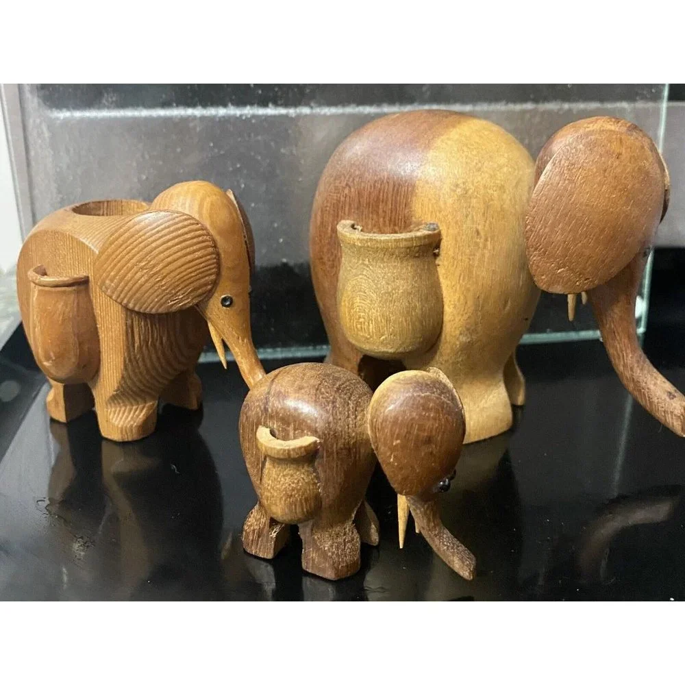 Mid‎ Century Carved Wood Elephant Toothpick Holder Taiwan Set of Three 3 Vintage